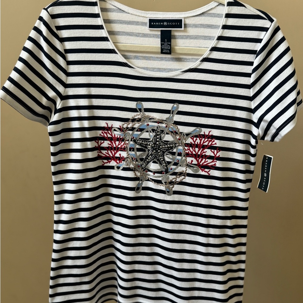 Karen Scott Nautical Black and White Striped Tee